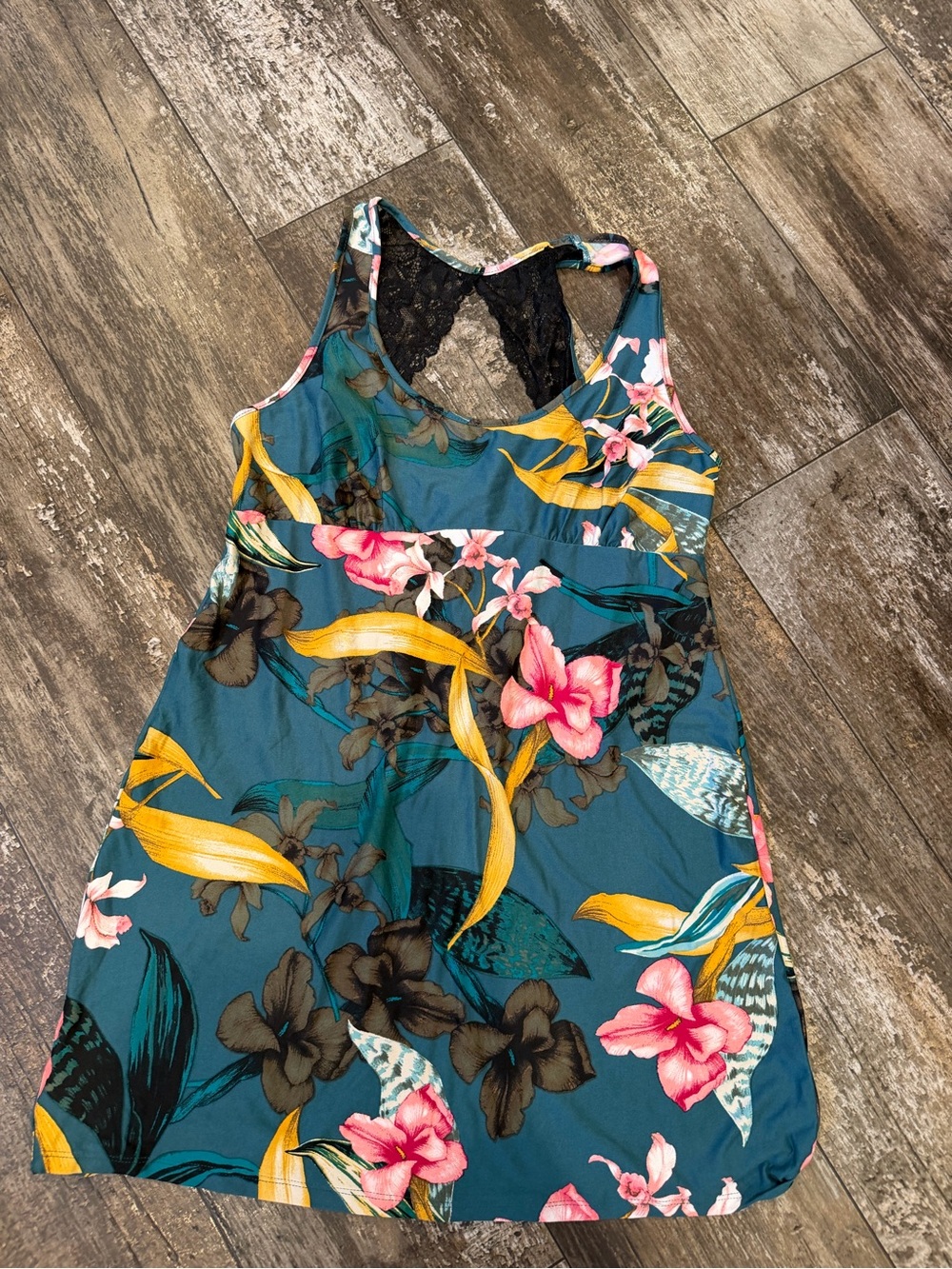 Linea Donatella Teal Floral night gown with Black Lace Trim